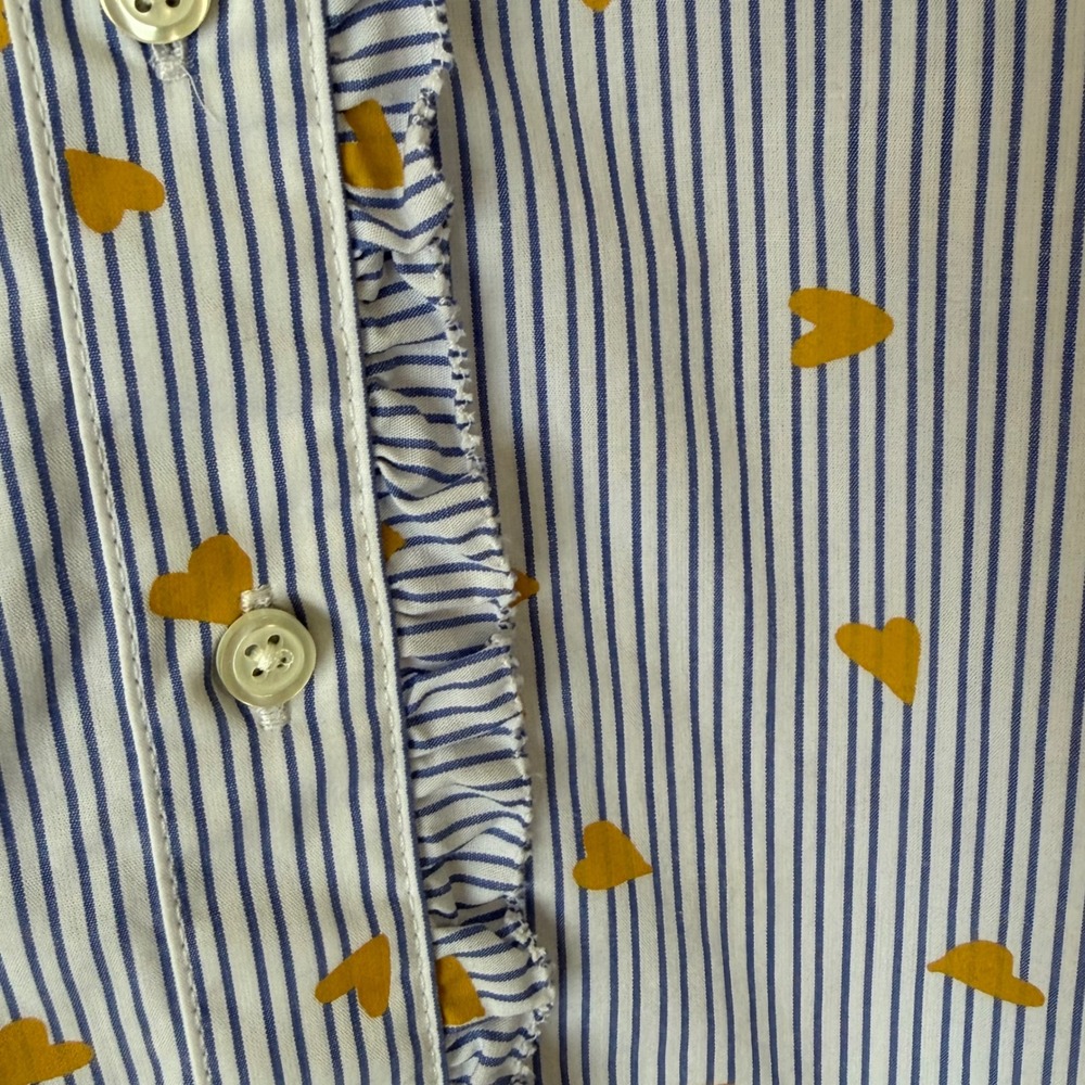 Talbots Button Up Blouse S Blue White Striped Gold Heart 100% Cotton Ruffle - Picture 5 of 11